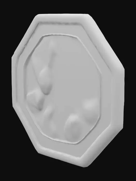 3D model for A hexagonal coin, appearing as a solidified chip of dark matter, presents an utterly profound, non-reflective black surface. Its material absorbs all light, creating a void-like appearance that seems to defy conventional physics. The tactile quality is unnervingly smooth and cool, yet it possesses a surprising density. Subtle, non-luminous ripples or faint, ghost-like patterns seem to shift within its depths, hinting at its unearthly composition, and its perfectly precise edges give it a sharp, crystalline structure.