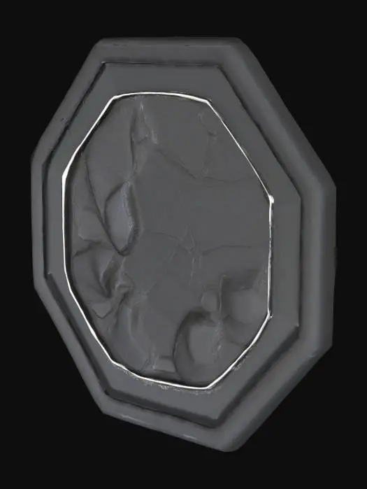 3D model for A hexagonal coin, appearing as a solidified chip of dark matter, presents an utterly profound, non-reflective black surface. Its material absorbs all light, creating a void-like appearance that seems to defy conventional physics. The tactile quality is unnervingly smooth and cool, yet it possesses a surprising density. Subtle, non-luminous ripples or faint, ghost-like patterns seem to shift within its depths, hinting at its unearthly composition, and its perfectly precise edges give it a sharp, crystalline structure.