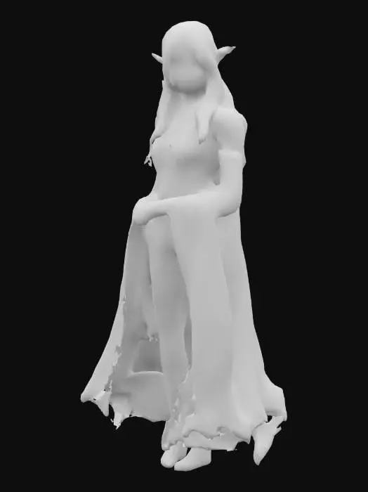 3D model for A graceful elf princess stands with an elegant posture, her youthful face featuring delicate, high cheekbones and large, captivating emerald eyes. Her long, flowing golden hair cascades over her shoulders, appearing soft and silken to the touch. Her slender build is adorned with an intricately detailed gown made of shimmering, lightweight fabric that drapes smoothly. Pointed, finely sculpted ears emerge from her hair, complementing her serene expression and conveying an air of timeless beauty.