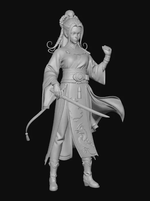 3D model for Девушка-воительница в стиле Уся, одетая в старинное китайское платье, стоит в динамичной позе. Ее одежда состоит из многослойного шелка темно-красного и черного цветов, украшенного золотыми драконами и облачными узорами. Талия подчеркнута широким поясом из кожи, на котором висят резной нефритовый талисман и тонкая, но смертоносная сабля. Длинные черные волосы собраны в сложную прическу с золотыми шпильками, а ее лицо выражает решимость и сосредоточенность, подчеркнутую легким боевым макияжем вокруг глаз. Руки обтянуты кожаными перчатками, что добавляет образу практичности и силы.