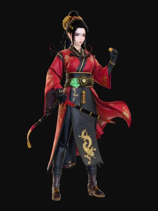 3D model for Девушка-воительница в стиле Уся, одетая в старинное китайское платье, стоит в динамичной позе. Ее одежда состоит из многослойного шелка темно-красного и черного цветов, украшенного золотыми драконами и облачными узорами. Талия подчеркнута широким поясом из кожи, на котором висят резной нефритовый талисман и тонкая, но смертоносная сабля. Длинные черные волосы собраны в сложную прическу с золотыми шпильками, а ее лицо выражает решимость и сосредоточенность, подчеркнутую легким боевым макияжем вокруг глаз. Руки обтянуты кожаными перчатками, что добавляет образу практичности и силы.
