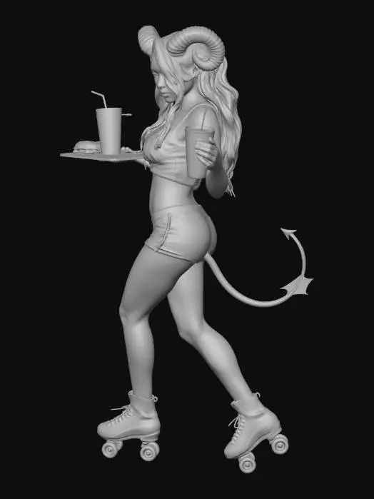 3D model for Hyper realistic image succubus girl in a the hooters uniform on roller skates.
She have pairs of puffy horns on top of the head, slander demonic tail, she is wearing cropped white top, shorts, holds a tray with snacks (a burger, a glass of soda, French fries) on the tray.
She stands in an easy pose, slightly smiling and pulling up her t-shirt.
2.5d anime style, realistic comic cartoon, style of "Dispatch".
--ar 2:3 -- stylize 150