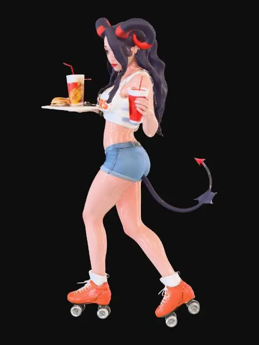 3D model for Hyper realistic image succubus girl in a the hooters uniform on roller skates.
She have pairs of puffy horns on top of the head, slander demonic tail, she is wearing cropped white top, shorts, holds a tray with snacks (a burger, a glass of soda, French fries) on the tray.
She stands in an easy pose, slightly smiling and pulling up her t-shirt.
2.5d anime style, realistic comic cartoon, style of "Dispatch".
--ar 2:3 -- stylize 150