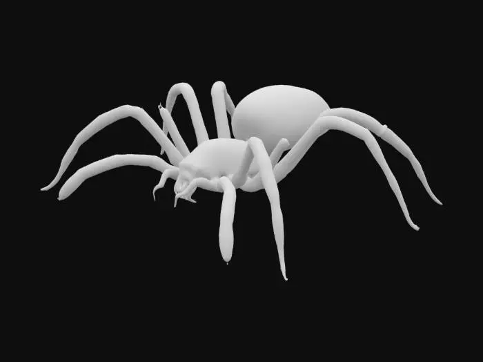 3D model for Creepy spider creature, about 50 cm, 8 long legs with sharp spikes, red-black chitin body, translucent abdomen with eggs, six eyes, venomous fangs, dripping saliva, horror game monster design