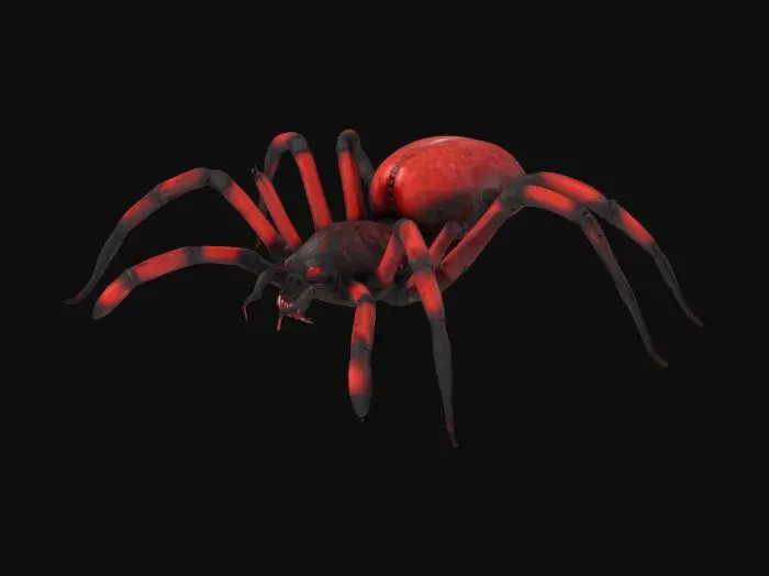 3D model for Creepy spider creature, about 50 cm, 8 long legs with sharp spikes, red-black chitin body, translucent abdomen with eggs, six eyes, venomous fangs, dripping saliva, horror game monster design