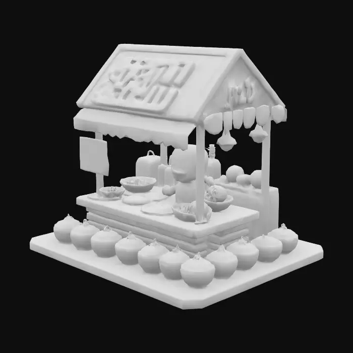 3D model for a cartoonish food stall (ramen) with a lot of robot automation