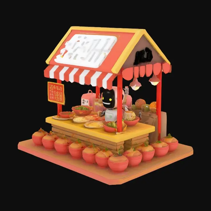 3D model for a cartoonish food stall (ramen) with a lot of robot automation