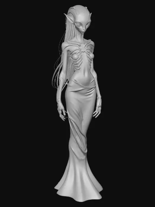 3D model for female, long hair, short, skinny, rib armor,  flat chest, skin tight silk dress,  big eyes, alien