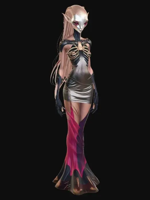 3D model for female, long hair, short, skinny, rib armor,  flat chest, skin tight silk dress,  big eyes, alien