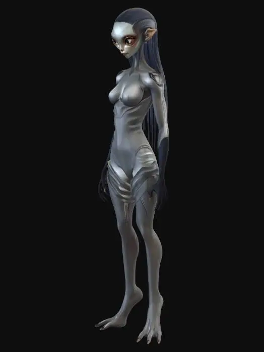 3D model for female, long hair, short, skinny, rib armor,  flat chest, skin tight silk dress,  big eyes, alien