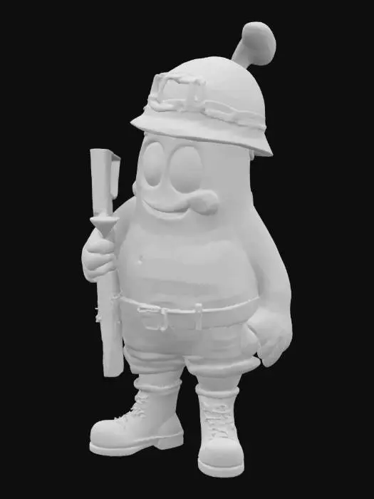 3D model for Patrick Star (from Spangebob cartoon) wearing soldier helmet and weapon in world war II cartoon style.