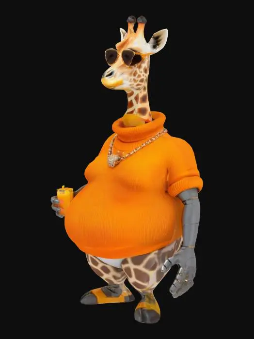 3D model for An elegant giraffe-man, wearing turtleneck sweater, wearing gold chain necklace, ((obese)), hyper fat, sunglasses, mechanical arm, orange juice, sipping beverage, 