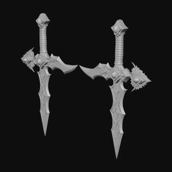 3D model for A pair of stylized fantasy assassin daggers, 'Shadow Monarch' theme. Sleek curved blades made of dark obsidian and shadowy metal. Glowing necrotic purple runes etched along the blade. The hilt is shaped like a jagged dark crown with a glowing purple gem in the pommel. High-quality game asset, dark fantasy aesthetic, sharp edges, clean geometry, 8k textures