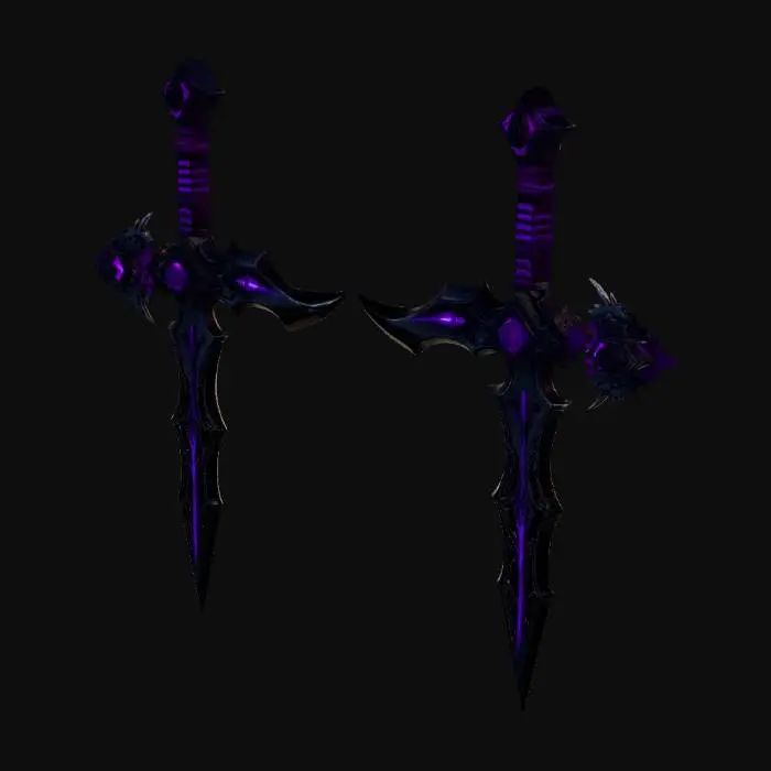 3D model for A pair of stylized fantasy assassin daggers, 'Shadow Monarch' theme. Sleek curved blades made of dark obsidian and shadowy metal. Glowing necrotic purple runes etched along the blade. The hilt is shaped like a jagged dark crown with a glowing purple gem in the pommel. High-quality game asset, dark fantasy aesthetic, sharp edges, clean geometry, 8k textures