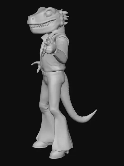 3D model for dereck the dancing dinosaur, a t rex in 70s disco gear dancing in a funky manner