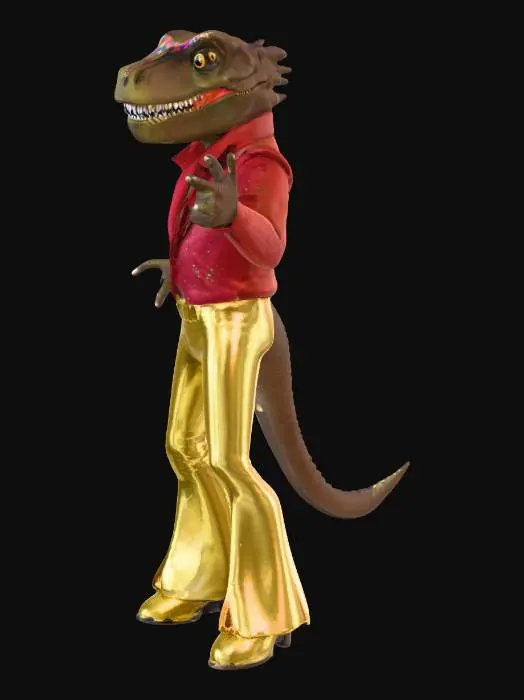3D model for dereck the dancing dinosaur, a t rex in 70s disco gear dancing in a funky manner