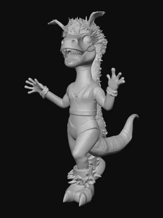 3D model for dereck the dancing dinosaur, a t rex in 70s disco gear dancing in a funky manner