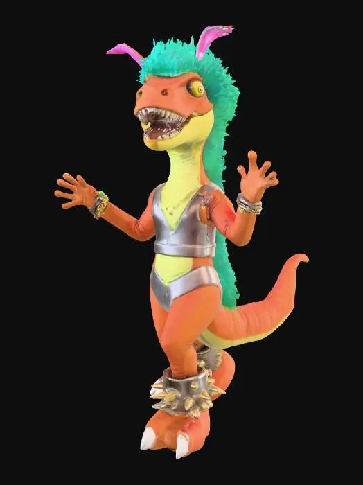3D model for dereck the dancing dinosaur, a t rex in 70s disco gear dancing in a funky manner