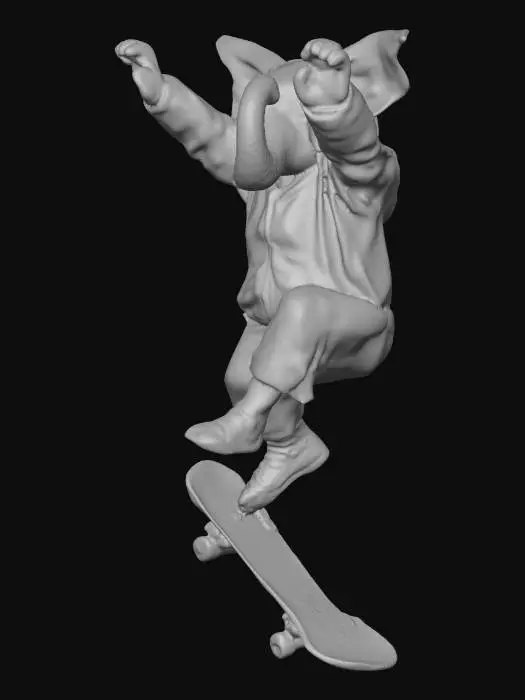 3D model for ethel the skateboarding elephant, in 70s skateboarding outfit, performing a trick