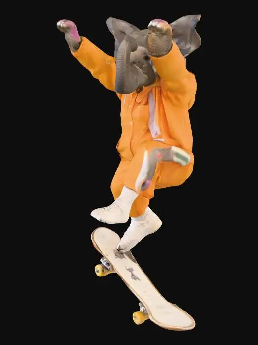 3D model for ethel the skateboarding elephant, in 70s skateboarding outfit, performing a trick