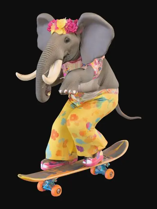3D model for ethel the skateboarding elephant, in 70s skateboarding outfit, performing a trick