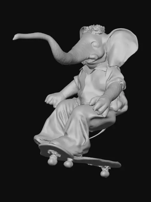 3D model for ethel the skateboarding elephant, in 70s skateboarding outfit, performing a trick