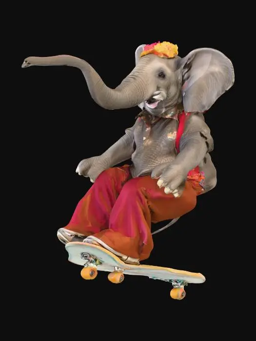 3D model for ethel the skateboarding elephant, in 70s skateboarding outfit, performing a trick