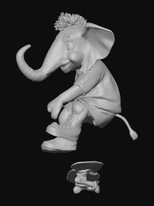 3D model for ethel the skateboarding elephant, in 70s skateboarding outfit, performing a trick