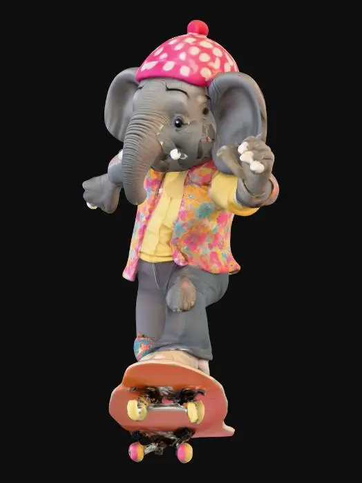 3D model for ethel the skateboarding elephant, in 70s skateboarding outfit, performing a trick
