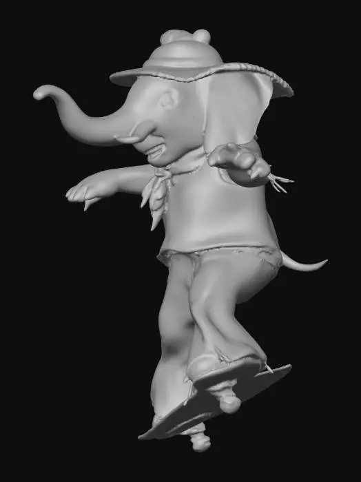 3D model for ethel the skateboarding elephant, in 70s skateboarding outfit, performing a trick