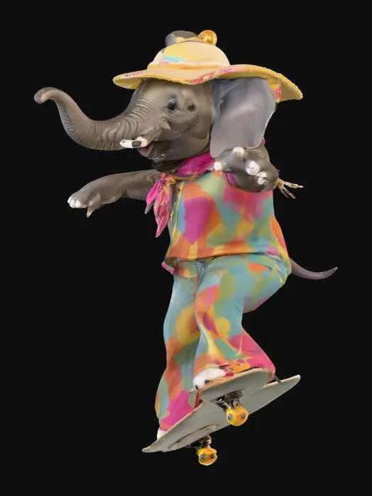 3D model for ethel the skateboarding elephant, in 70s skateboarding outfit, performing a trick