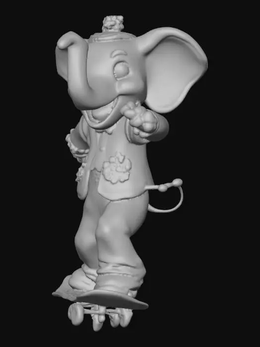 3D model for ethel the skateboarding elephant, in 70s skateboarding outfit, performing a trick