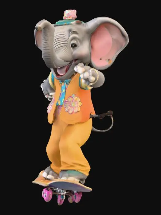 3D model for ethel the skateboarding elephant, in 70s skateboarding outfit, performing a trick