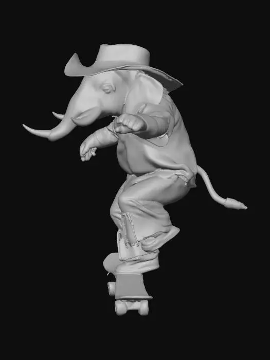 3D model for ethel the skateboarding elephant, in 70s skateboarding outfit, performing a trick