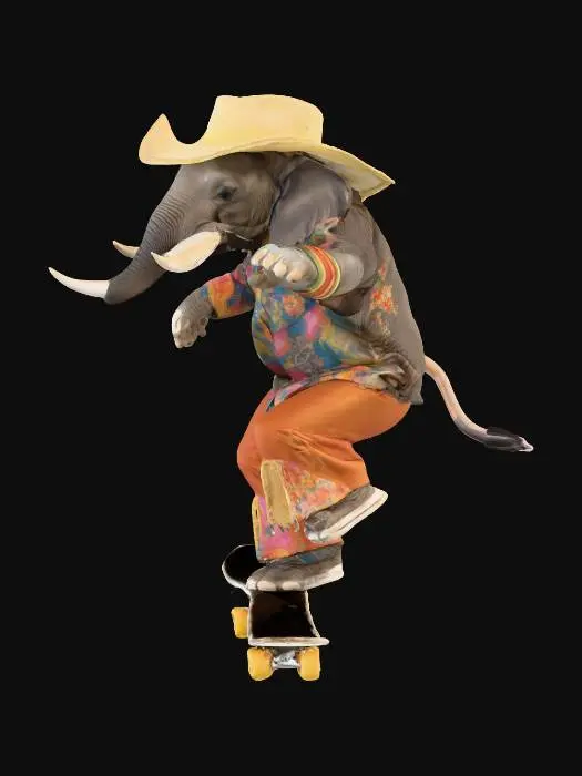 3D model for ethel the skateboarding elephant, in 70s skateboarding outfit, performing a trick