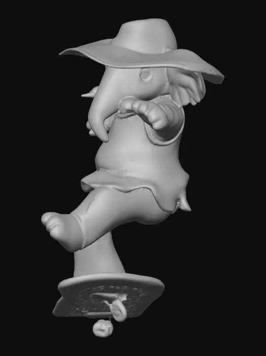 3D model for ethel the skateboarding elephant, in 70s skateboarding outfit, performing a trick