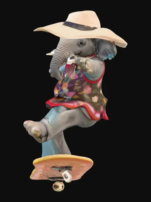 3D model for ethel the skateboarding elephant, in 70s skateboarding outfit, performing a trick