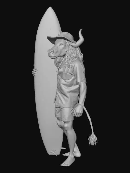 3D model for cedric the surfing minotaur, hanging ten on a longboard, 70s style surf dude