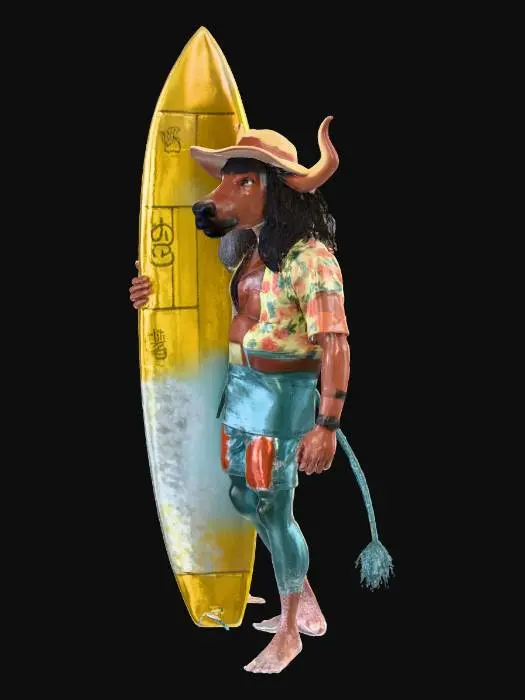 3D model for cedric the surfing minotaur, hanging ten on a longboard, 70s style surf dude