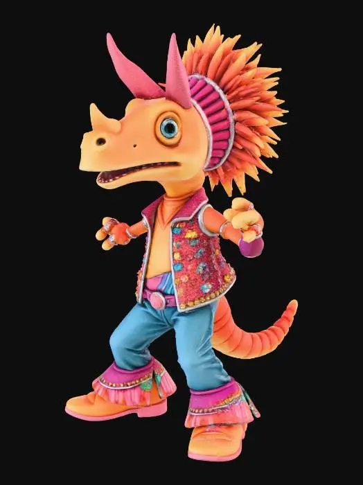 3D model for disco dancing tricerotops in 70's funky gear smashing some big moves