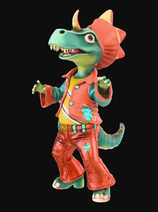3D model for disco dancing tricerotops in 70's funky gear smashing some big moves