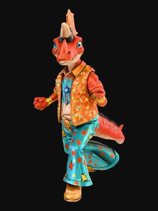 3D model for disco dancing tricerotops in 70's funky gear smashing some big moves