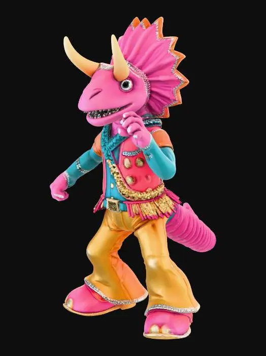 3D model for disco dancing tricerotops in 70's funky gear smashing some big moves