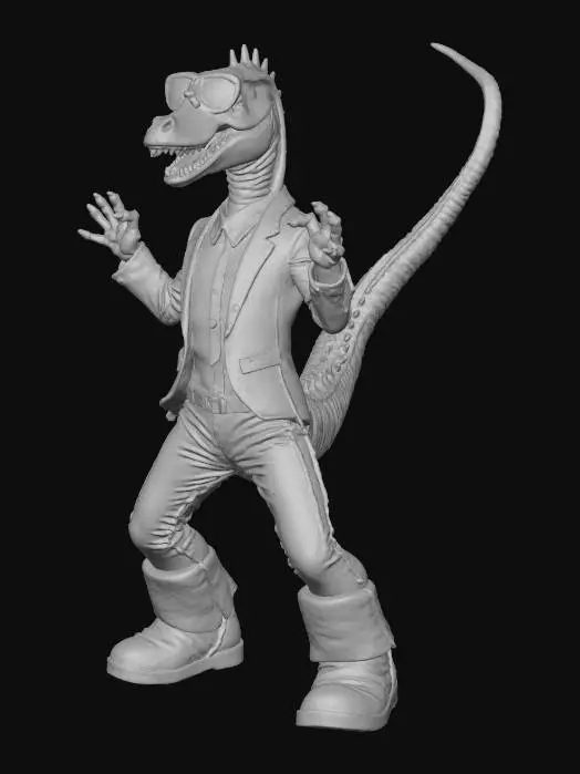 3D model for dereck the dancing dinosaur, a t rex in 70s disco gear dancing in a funky manner