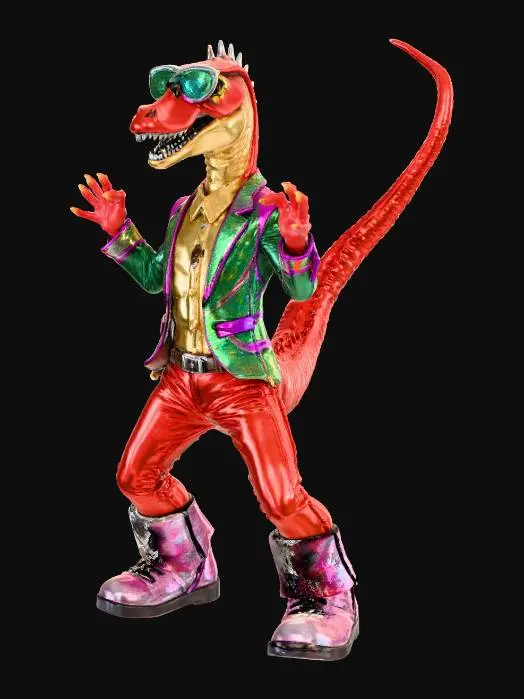 3D model for dereck the dancing dinosaur, a t rex in 70s disco gear dancing in a funky manner
