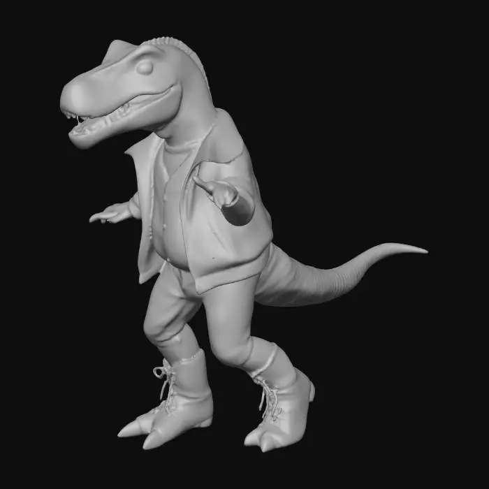 3D model for dereck the dancing dinosaur, a t rex in 70s disco gear dancing in a funky manner