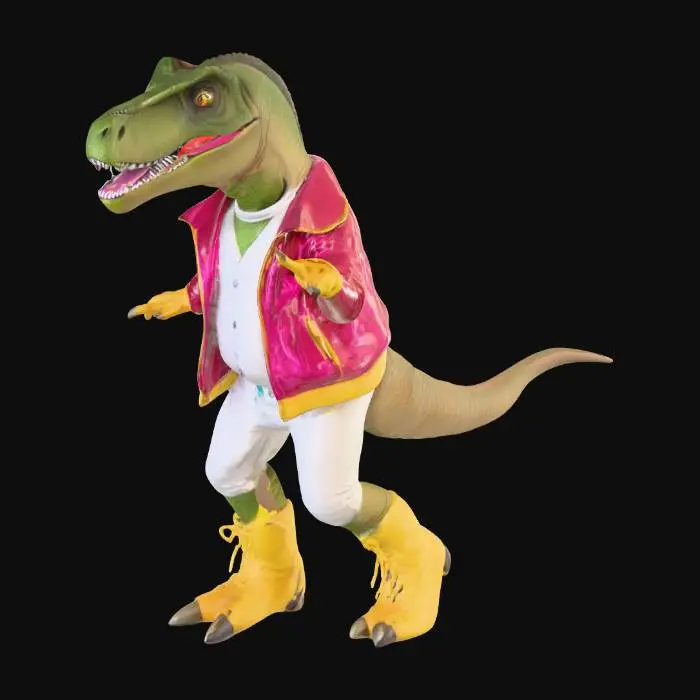 3D model for dereck the dancing dinosaur, a t rex in 70s disco gear dancing in a funky manner