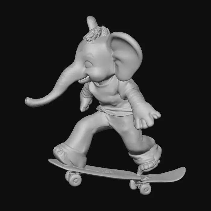 3D model for ethel the skateboarding elephant, in 70s skateboarding outfit, performing a trick
