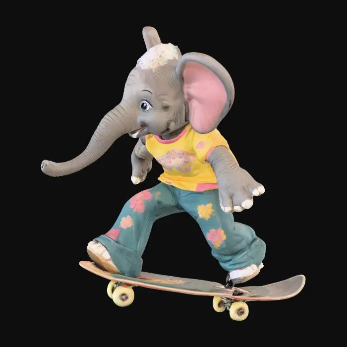 3D model for ethel the skateboarding elephant, in 70s skateboarding outfit, performing a trick