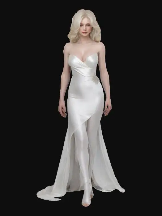 3D model for a Busty, stunning and graceful woman embodying the essence of timeless luxury and prestige. She has long, flowing platinum-blonde hair, flawless porcelain skin, and soft, refined facial features that exude elegance. Her physique is curvaceous yet toned, symbolizing balance and sophistication. She wears a flowing white silk gown with subtle metallic accents, paired with diamond-studded accessories and sleek high heels. Natural A-Pose
